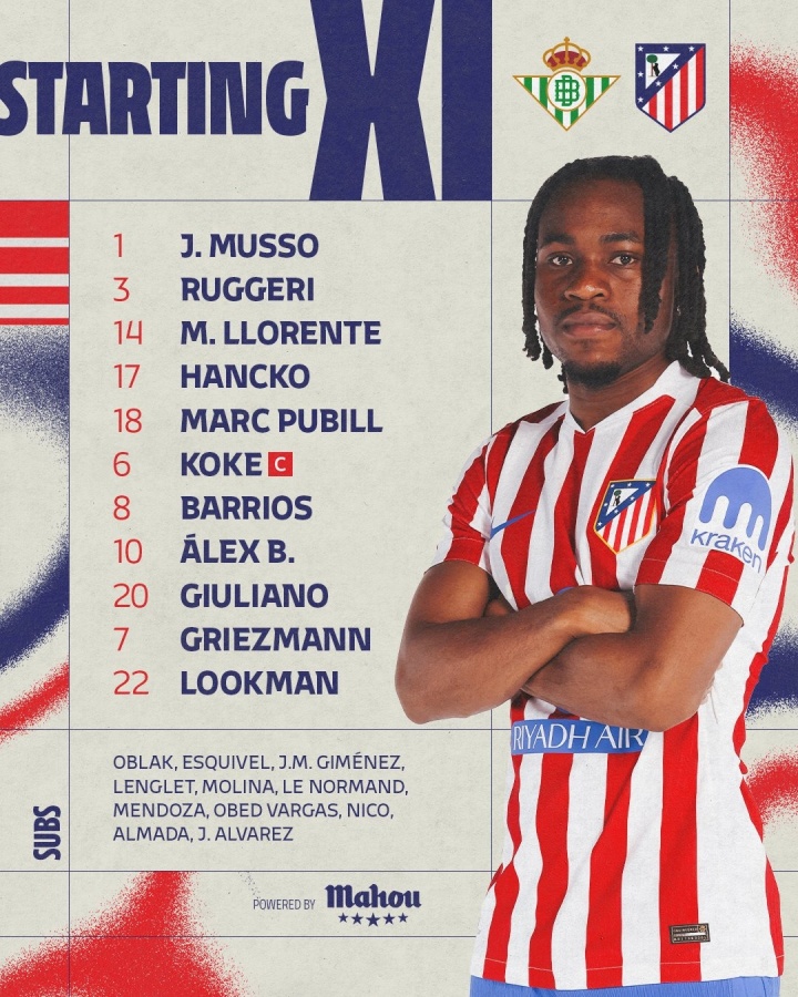 马竞首发：格列兹曼、科克领衔，小蜘蛛替补，新援卢克曼出战